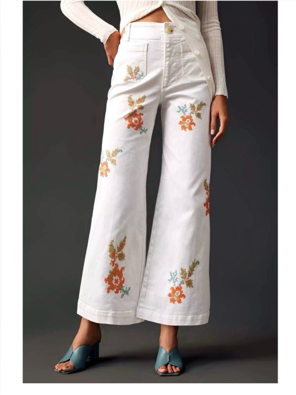 Anthropologie Maeve The Colette White Floral High Rise Crop Pant, Flowers, 30